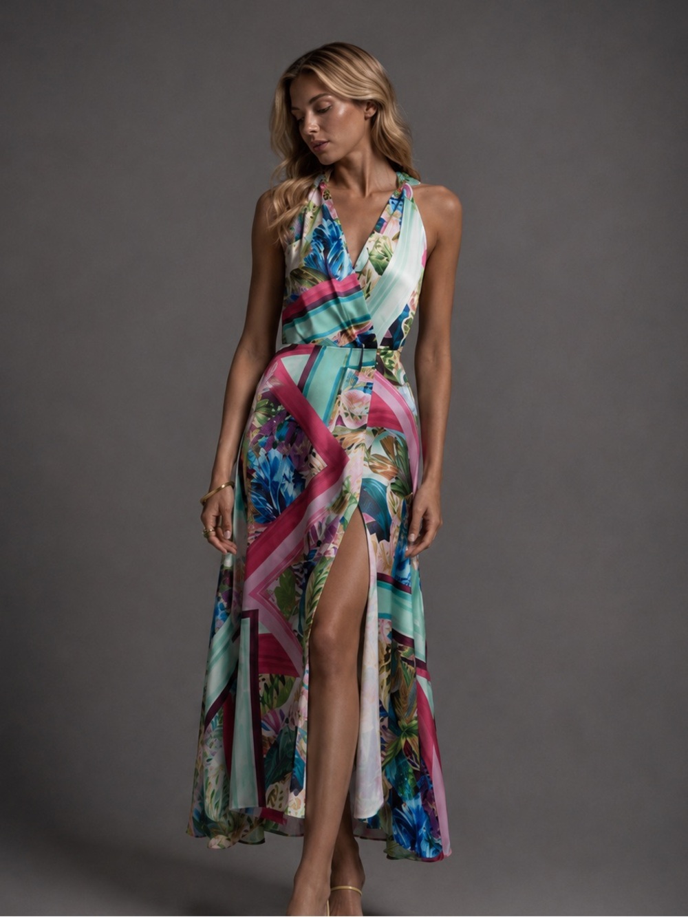 Zara Tropical Satin Maxi Dress Open Back Resort - Picture 3 of 11